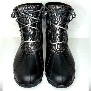 Sperry Syren Gulf Black Metallic Animal Print Size 8.5 Waterproof Rain Boot